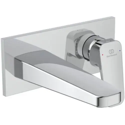 Chromene Wand-Waschtischarmatur von Ideal Standard mit flacher Auslaufstruktur und einem Drehknopf zur Temperaturregelung.